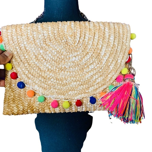 Handbags - Pom Pom & Colorful Tassel Straw Purse Clutch